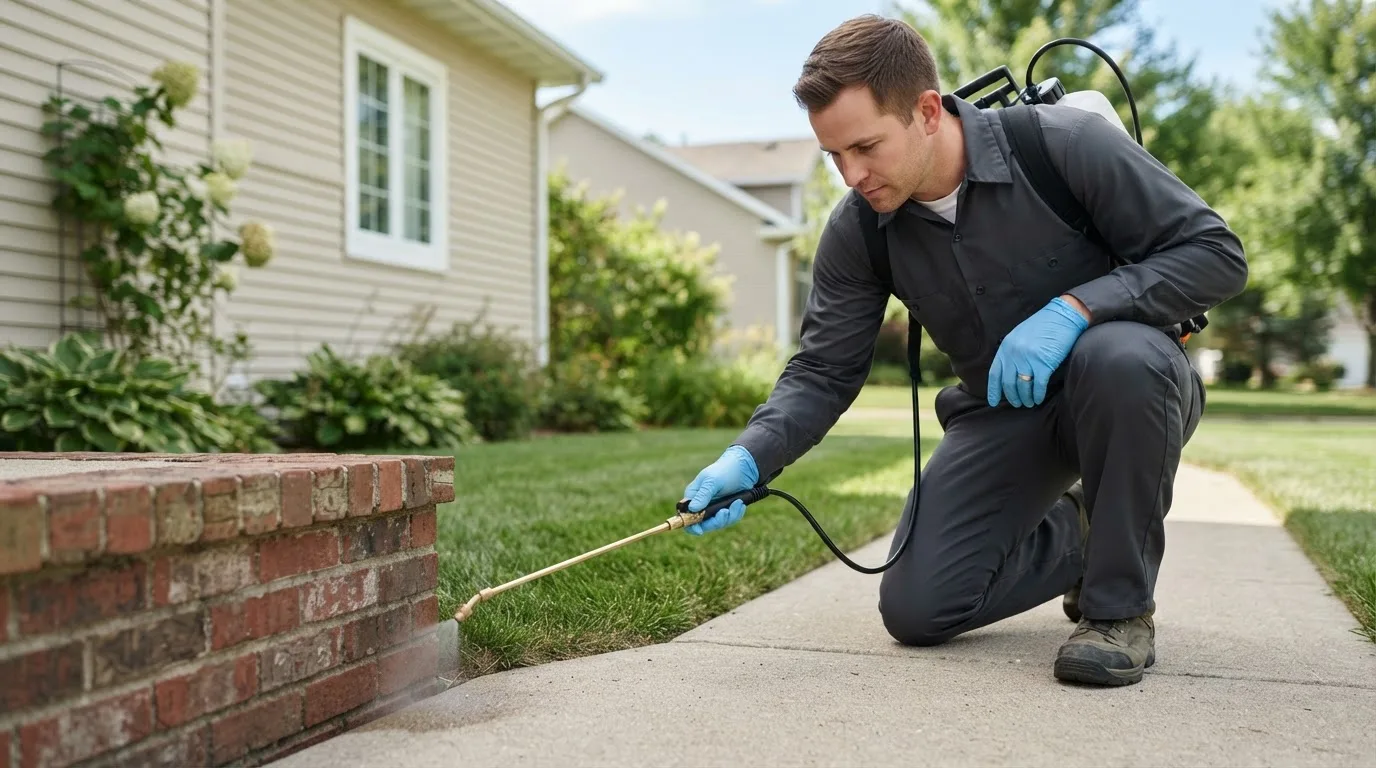Pest control technician treating a home near Deer Island, OR